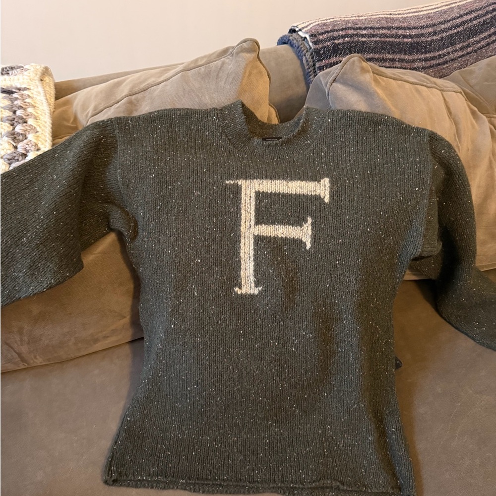 Crewneck Sweater with Cream 'F' Accent in Dark Green